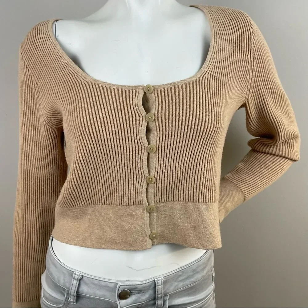 J. CREW Tan Scoopneck Stretch Cardigan Top Ribbed Cropped Sweater